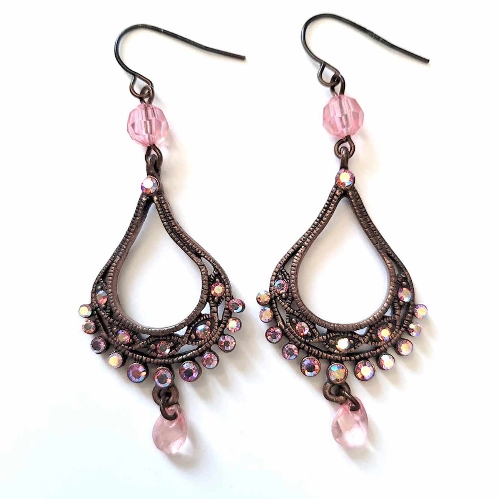 💗💞 Vintage Copper Bohemian Pink Inlaid Rhinestones Chandelier Earrings